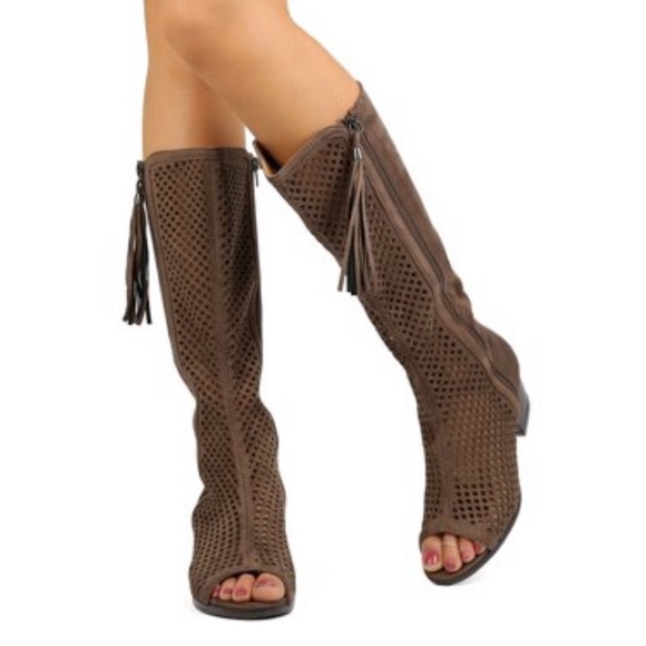 Taupe Vegan Suede Peep Toe Laser Cut Riding Boots - Picture 6 of 6